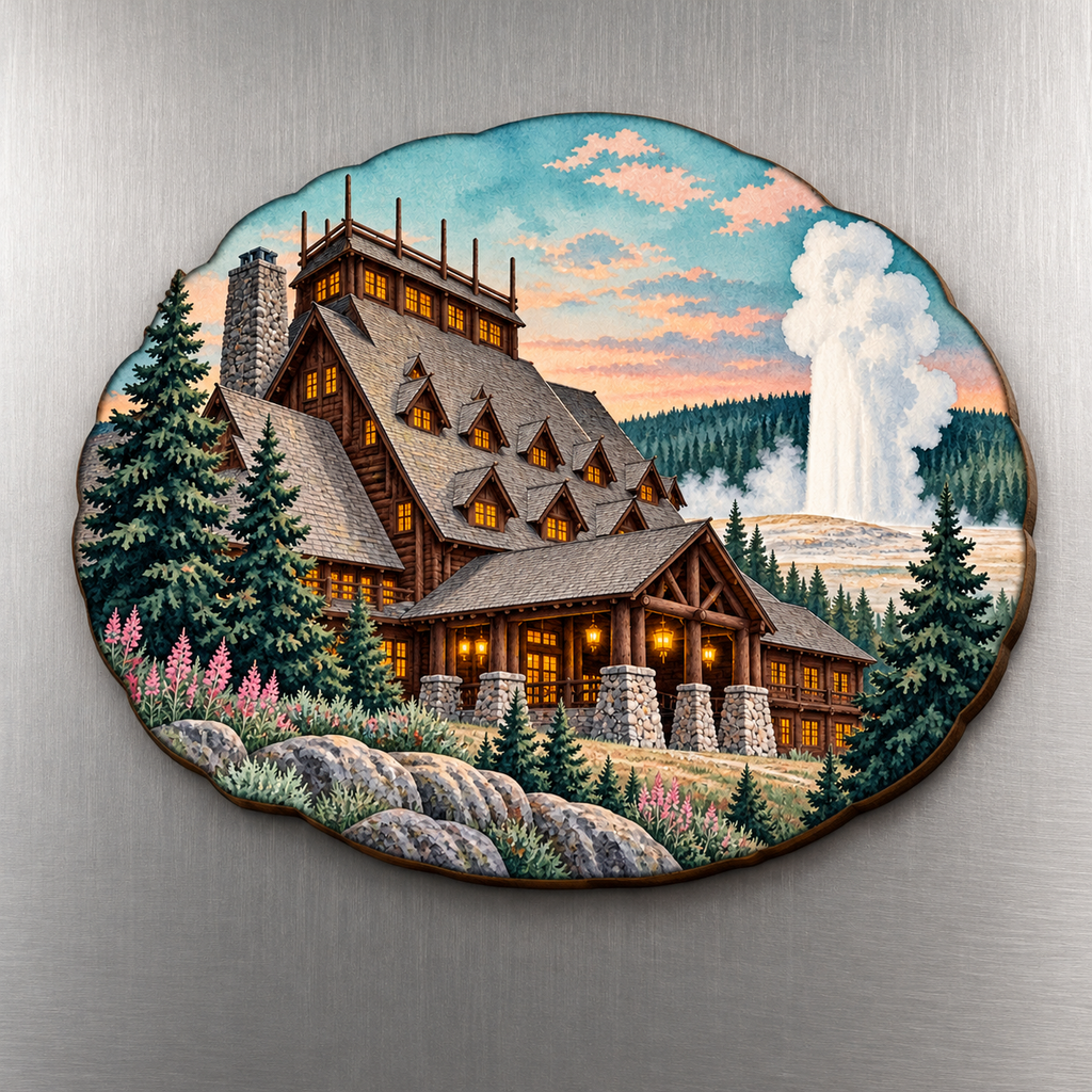 Old Faithful Inn M104 wooden magnet on a stainless steel refrigerator with a subtle laser-cut wood edge