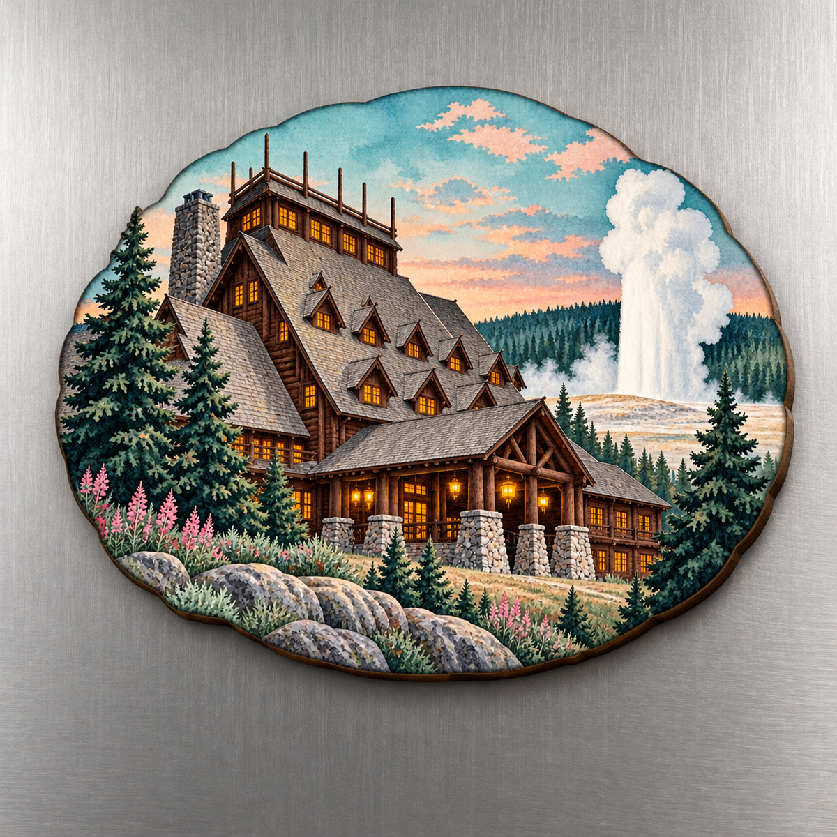 Old Faithful Inn M104 wooden magnet on a stainless steel refrigerator with a subtle laser-cut wood edge