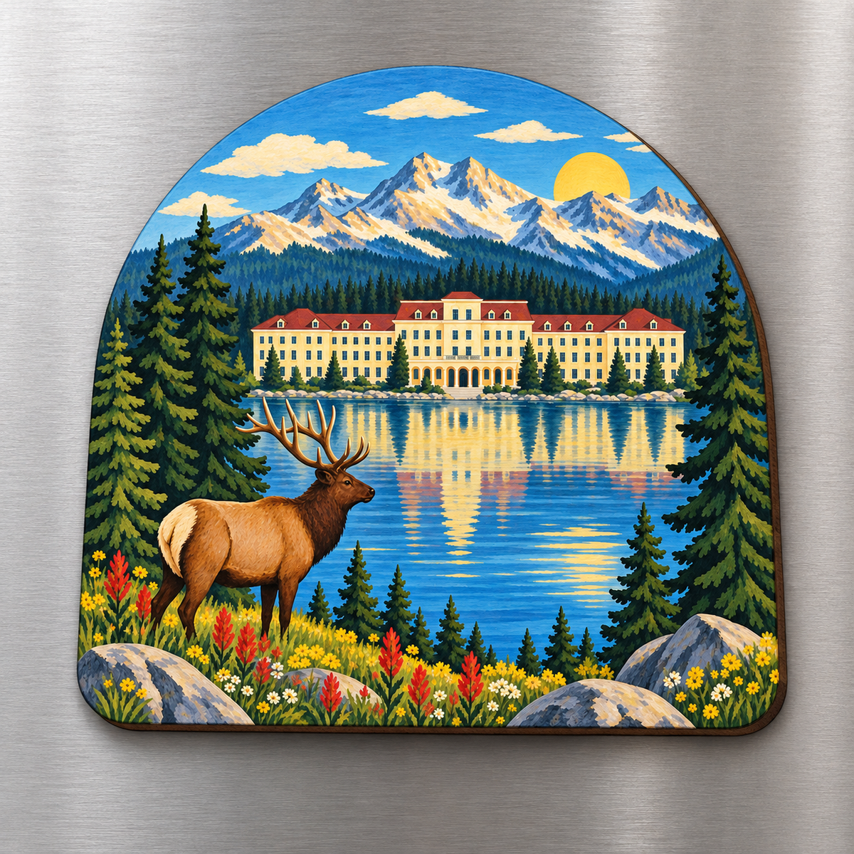 Lake Hotel Morning M105 wooden magnet on a stainless steel refrigerator with a subtle laser-cut wood edge
