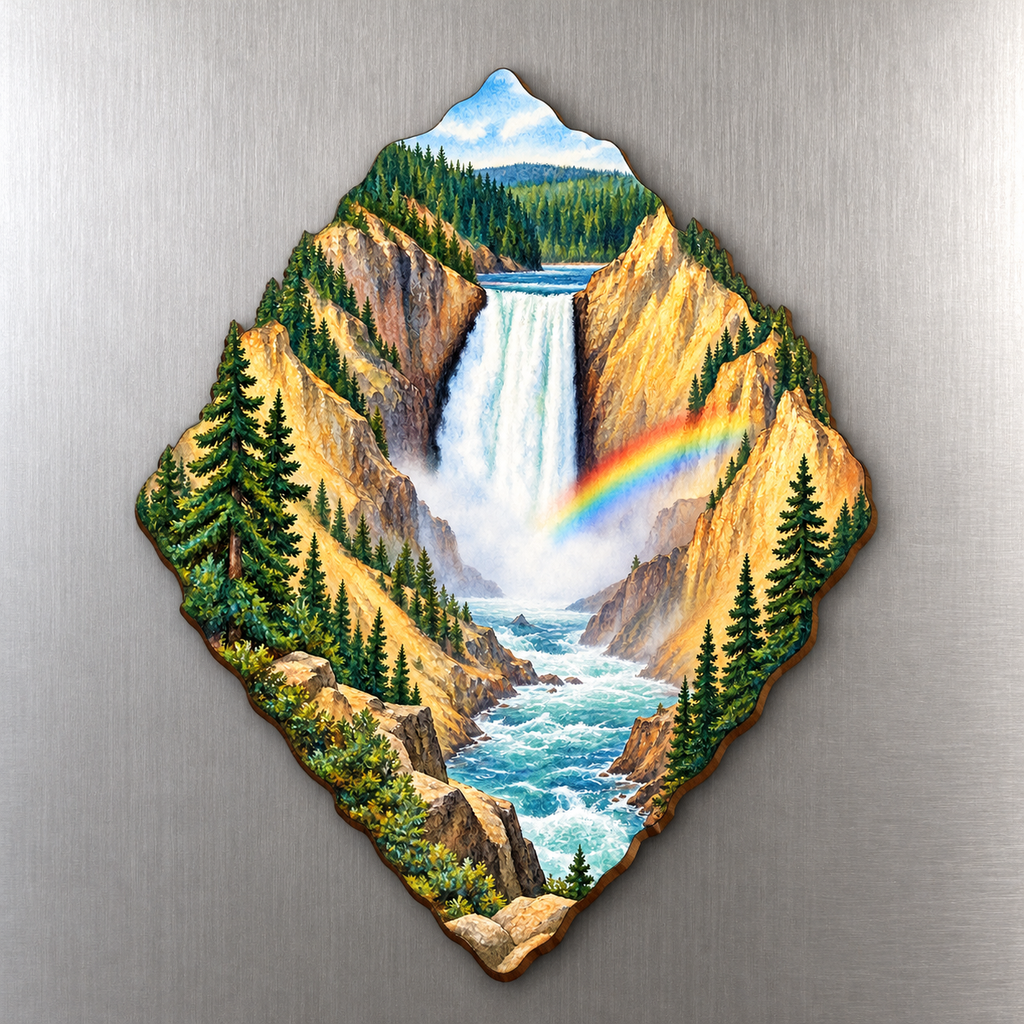 Lower Falls Rainbow M107 wooden magnet on a stainless steel refrigerator with a subtle laser-cut wood edge