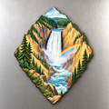 Lower Falls Rainbow M107 wooden magnet on a stainless steel refrigerator with a subtle laser-cut wood edge