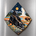 Obsidian Night M108 wooden magnet on a stainless steel refrigerator with a subtle laser-cut wood edge