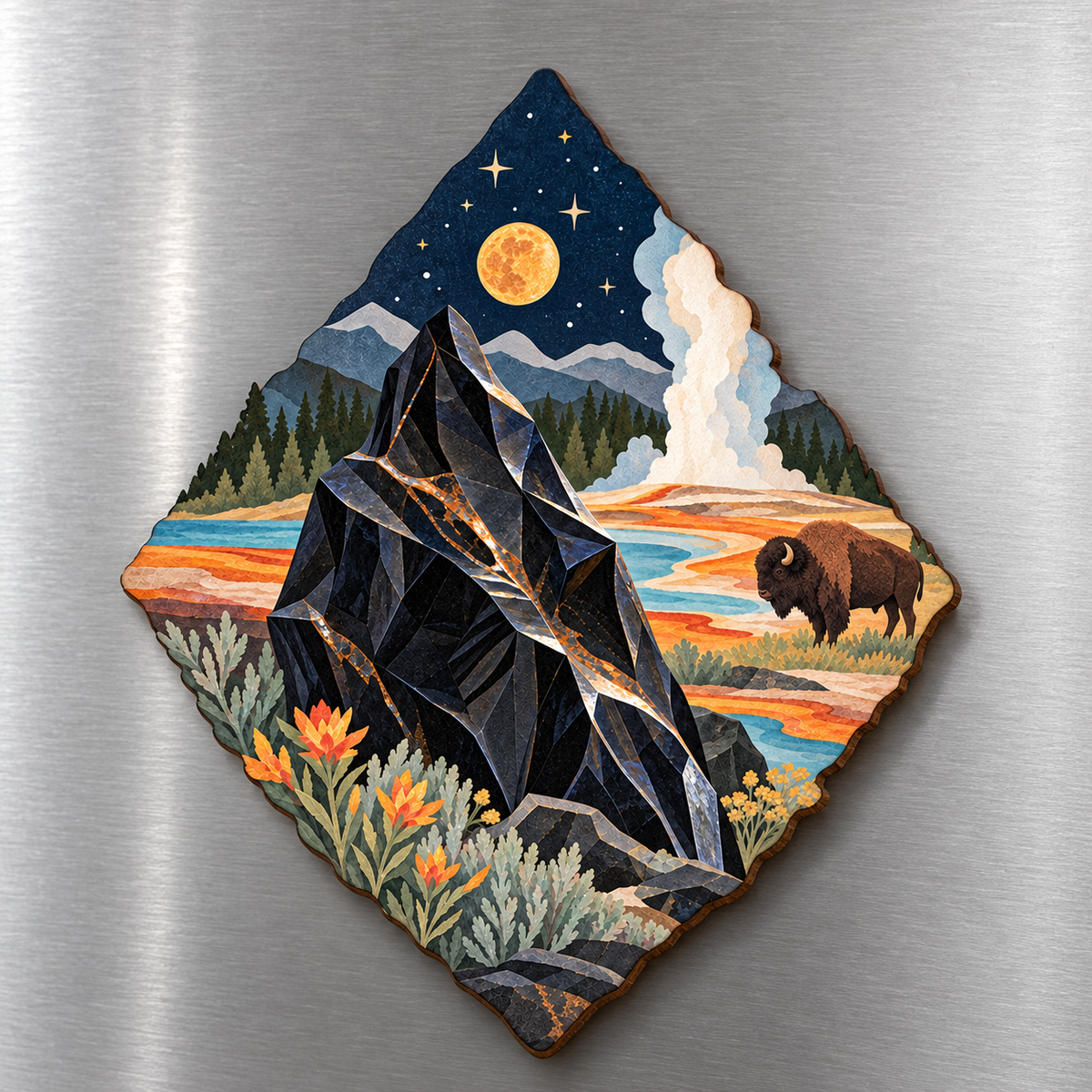 Obsidian Night M108 wooden magnet on a stainless steel refrigerator with a subtle laser-cut wood edge
