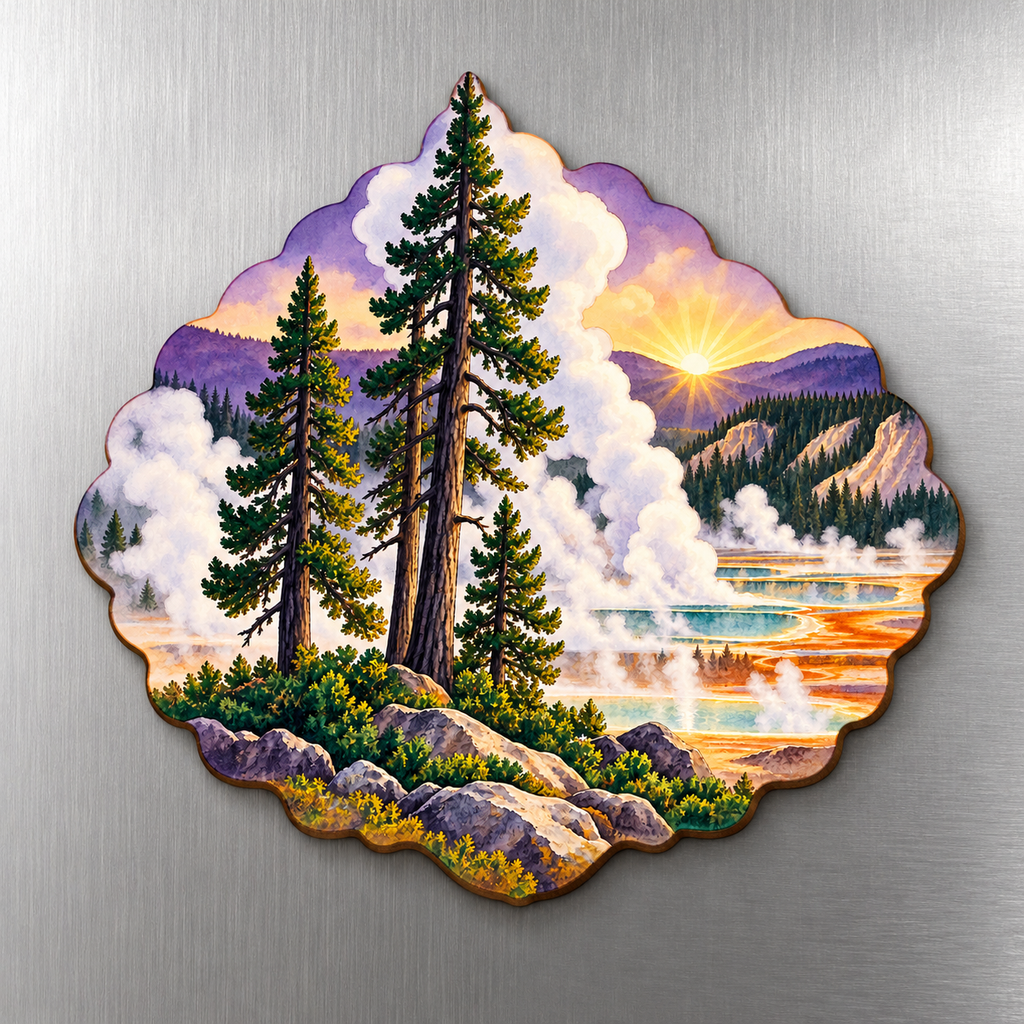 Steam Forest M109 wooden magnet on a stainless steel refrigerator with a subtle laser-cut wood edge