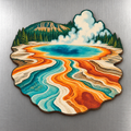 Thermal River Ribbons M110 wooden magnet on a stainless steel refrigerator with a subtle laser-cut wood edge
