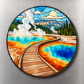Geyser Basin Boardwalk M111 wooden magnet on a stainless steel refrigerator with a subtle laser-cut wood edge