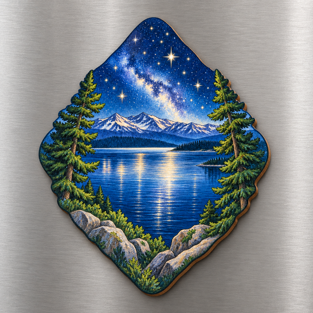Yellowstone Lake Stars M112 wooden magnet on a stainless steel refrigerator with a subtle laser-cut wood edge
