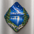 Yellowstone Lake Stars M112 wooden magnet on a stainless steel refrigerator with a subtle laser-cut wood edge
