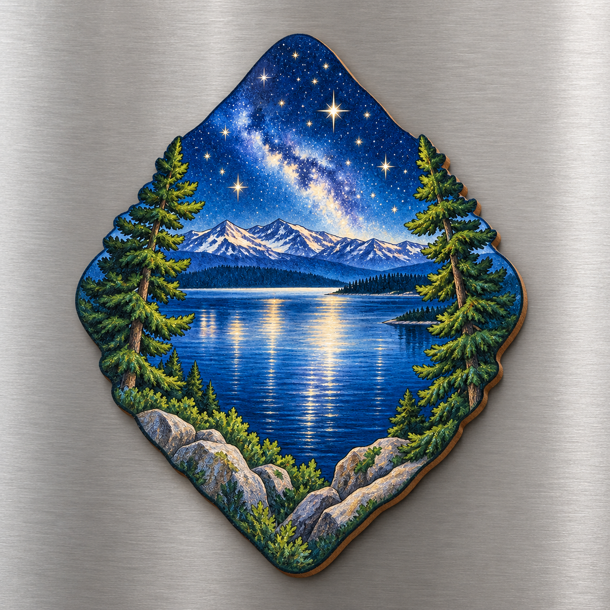 Yellowstone Lake Stars M112 wooden magnet on a stainless steel refrigerator with a subtle laser-cut wood edge