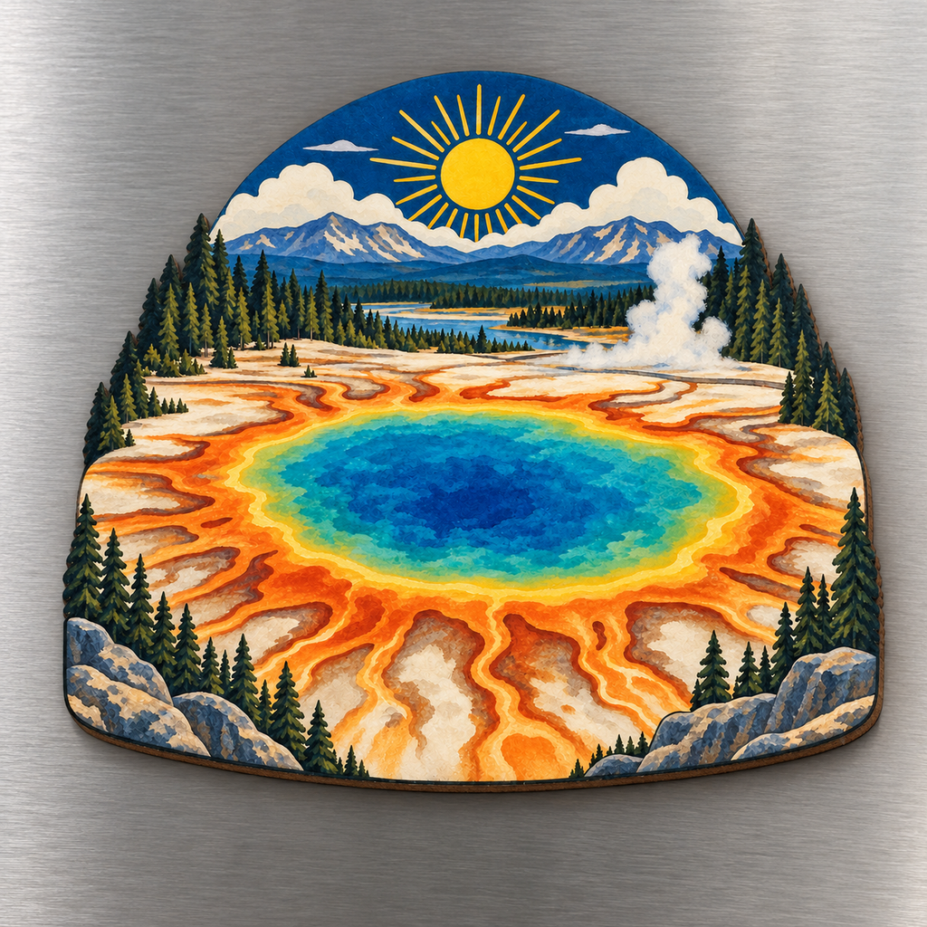 Prismatic Sunburst M113 wooden magnet on a stainless steel refrigerator with a subtle laser-cut wood edge