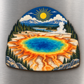 Prismatic Sunburst M113 wooden magnet on a stainless steel refrigerator with a subtle laser-cut wood edge
