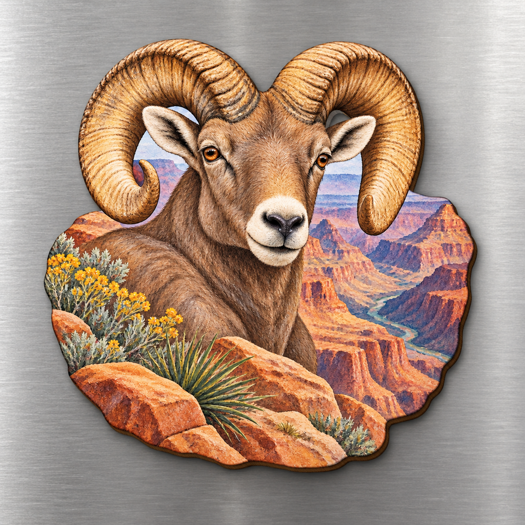 Desert Bighorn Ram M114 wooden magnet on a stainless steel refrigerator with a subtle laser-cut wood edge