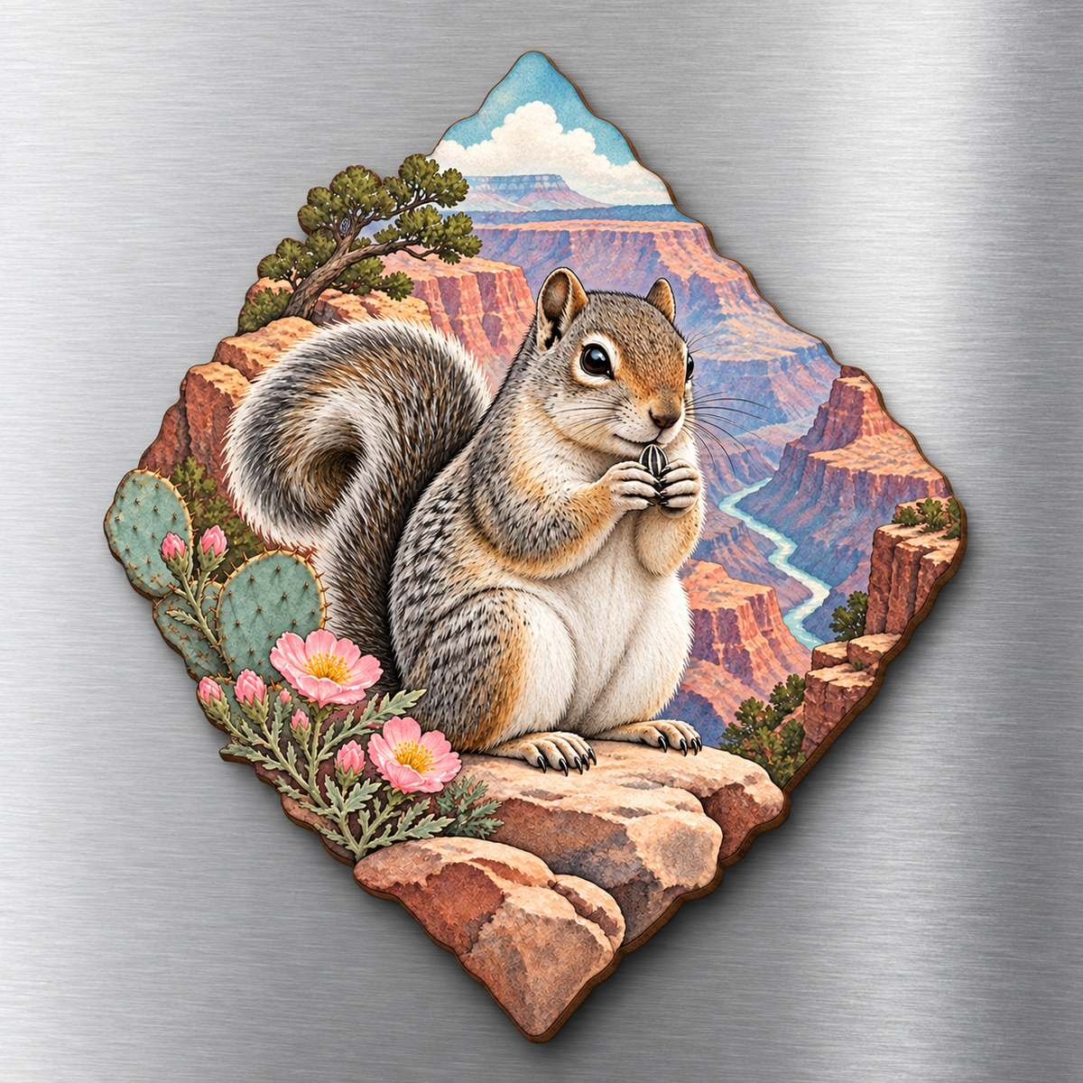 Rock Squirrel Snack M115 wooden magnet on a stainless steel refrigerator with a subtle laser-cut wood edge