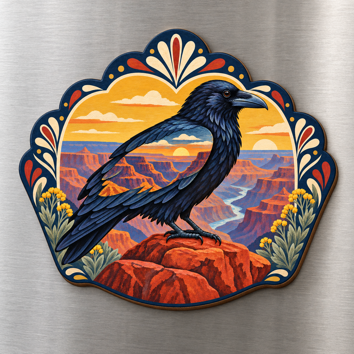 Canyon Raven M116 wooden magnet on a stainless steel refrigerator with a subtle laser-cut wood edge
