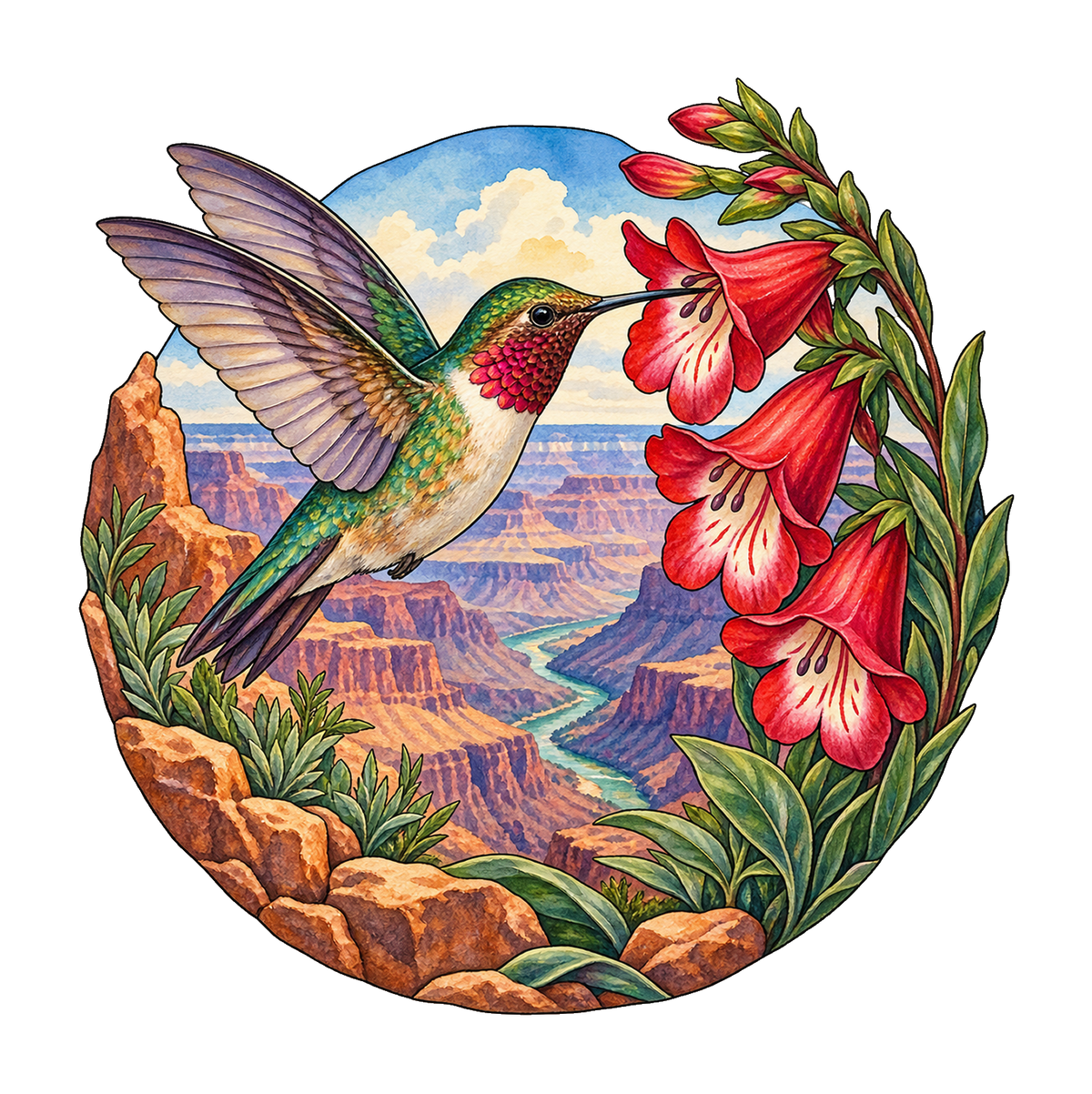 Hummingbird and Penstemon M117 original magnet artwork