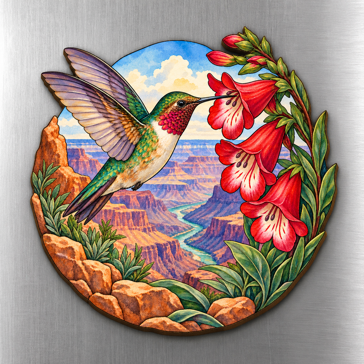 Hummingbird and Penstemon M117 wooden magnet on a stainless steel refrigerator with a subtle laser-cut wood edge