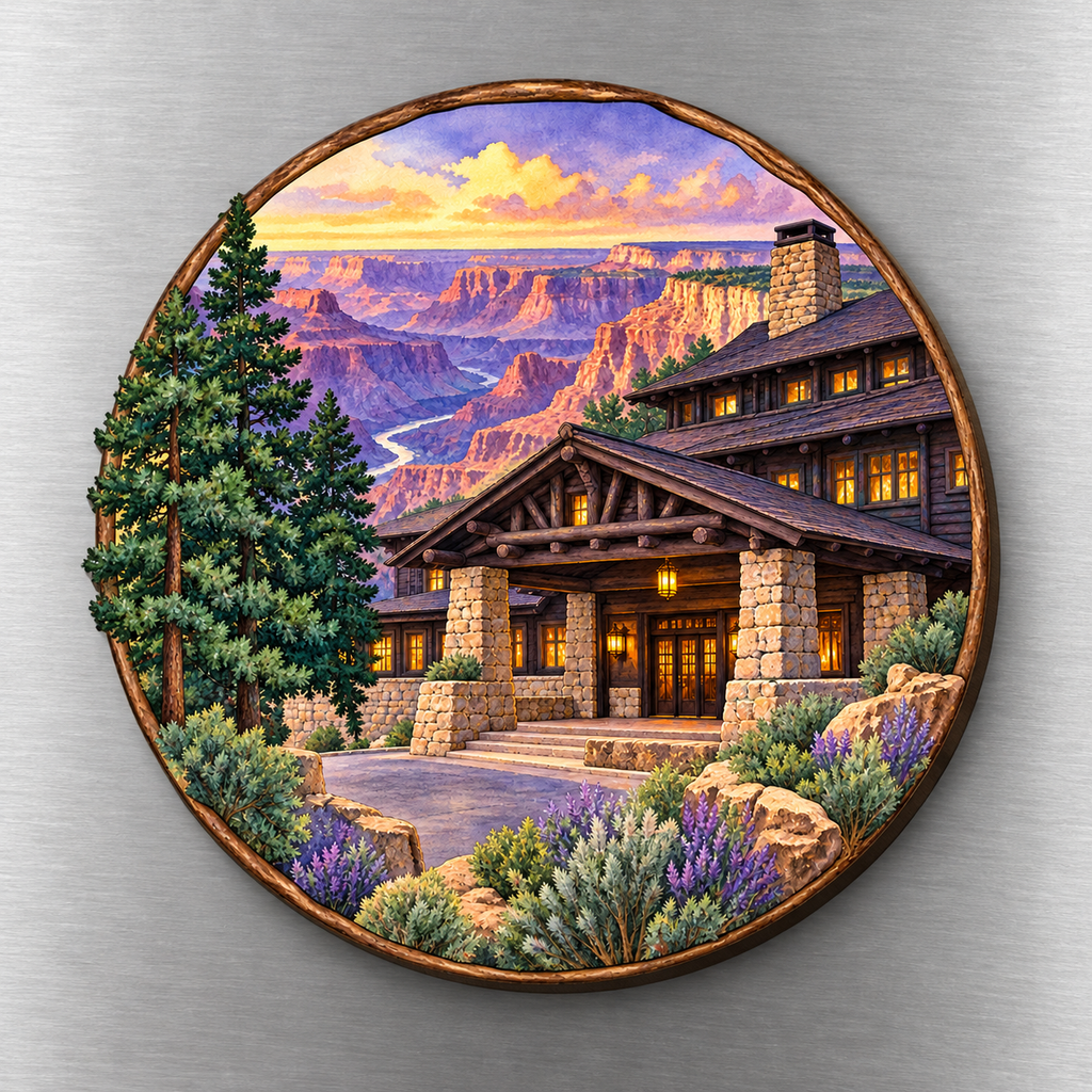 El Tovar Lodge M119 wooden magnet on a stainless steel refrigerator with a subtle laser-cut wood edge