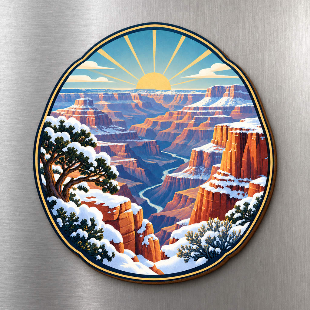 Canyon Snowfall M120 wooden magnet on a stainless steel refrigerator with a subtle laser-cut wood edge