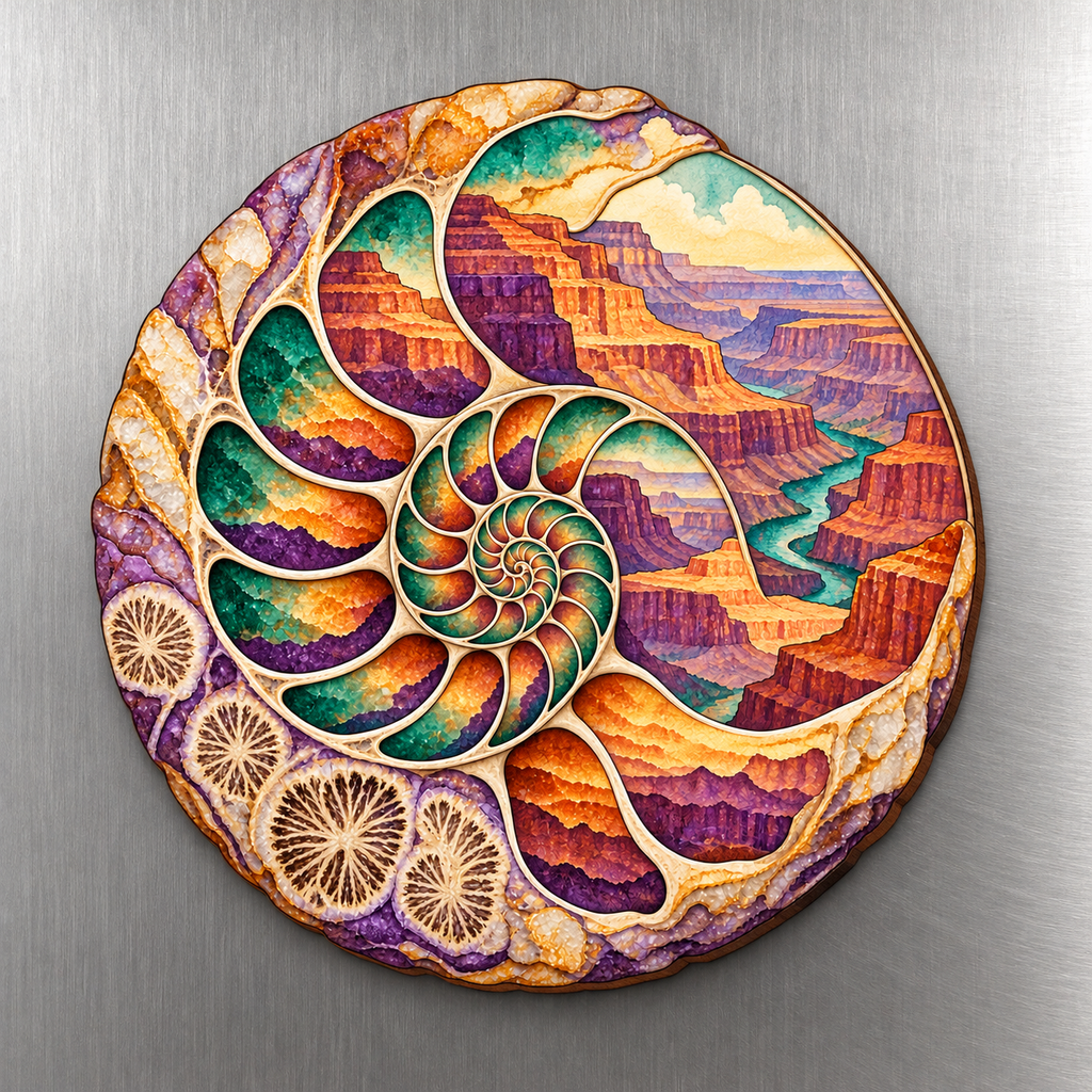Ancient Sea Spiral M121 wooden magnet on a stainless steel refrigerator with a subtle laser-cut wood edge
