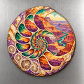Ancient Sea Spiral M121 wooden magnet on a stainless steel refrigerator with a subtle laser-cut wood edge