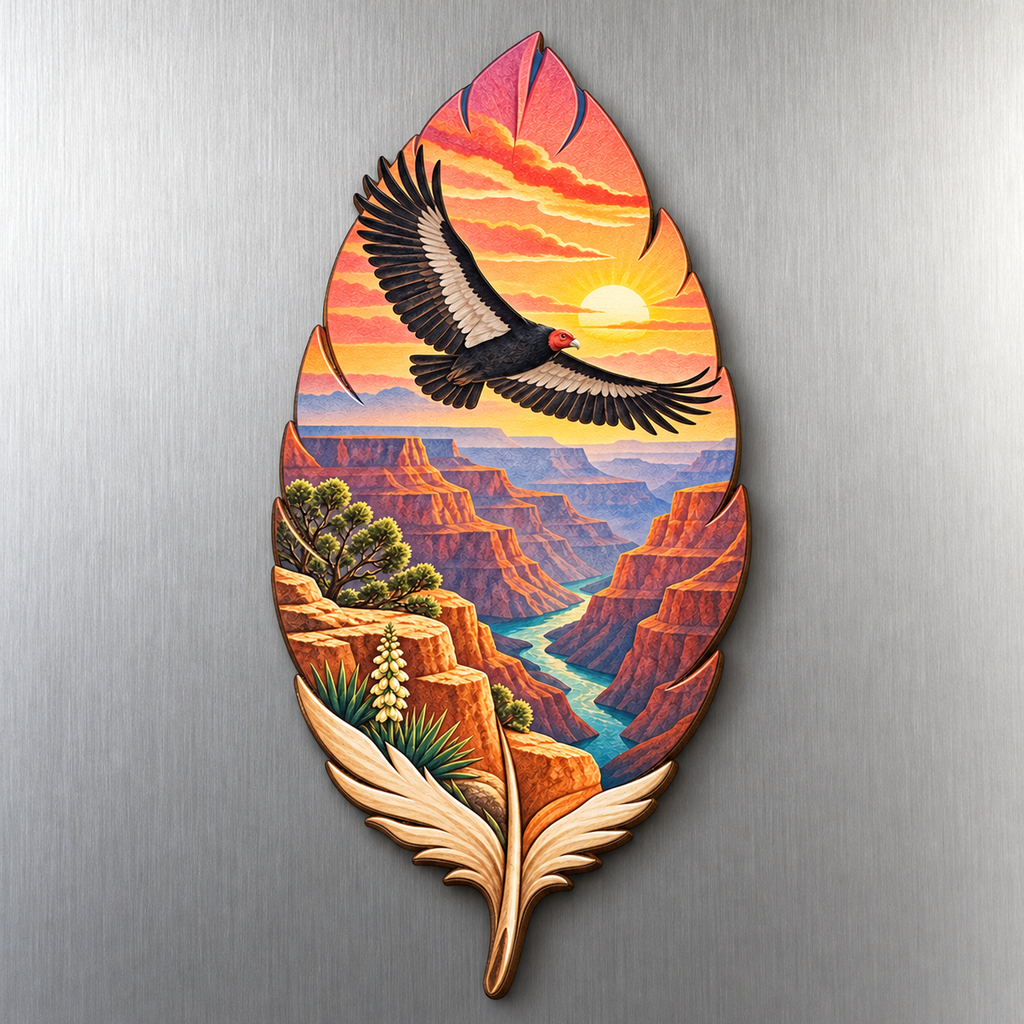 Sunrise Condor Feather M122 wooden magnet on a stainless steel refrigerator with a subtle laser-cut wood edge