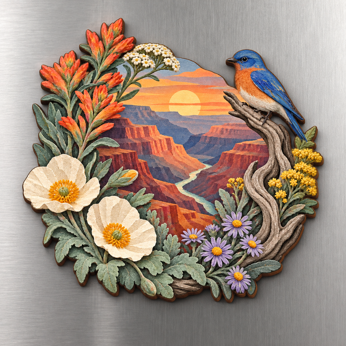 Canyon Wildflower Wreath M124 wooden magnet on a stainless steel refrigerator with a subtle laser-cut wood edge