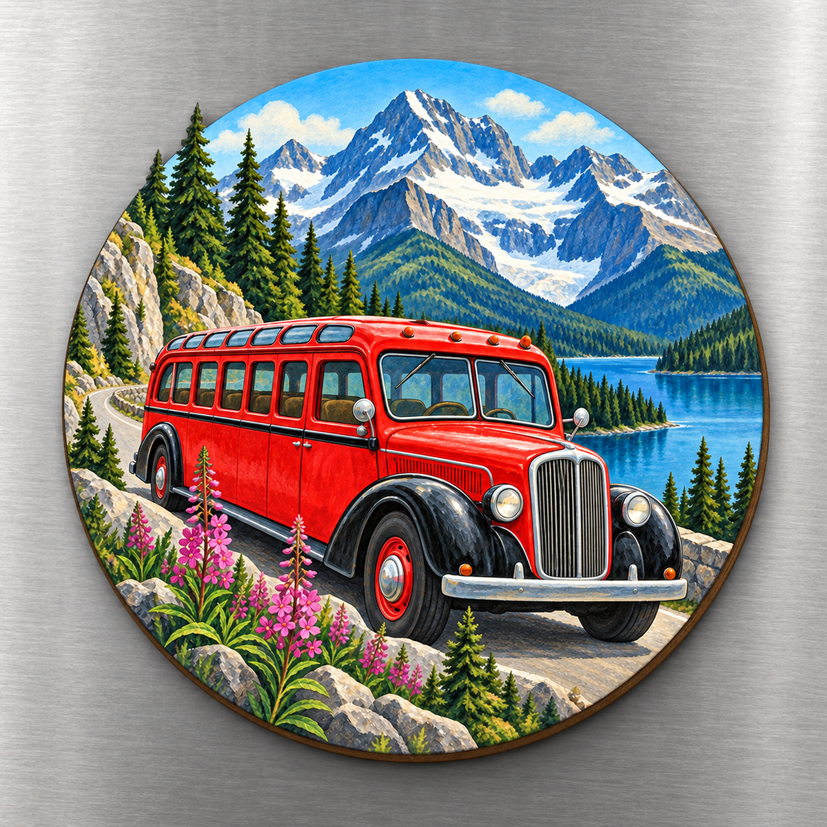Red Bus Journey M125 wooden magnet on a stainless steel refrigerator with a subtle laser-cut wood edge