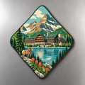Many Glacier Hotel M126 wooden magnet on a stainless steel refrigerator with a subtle laser-cut wood edge
