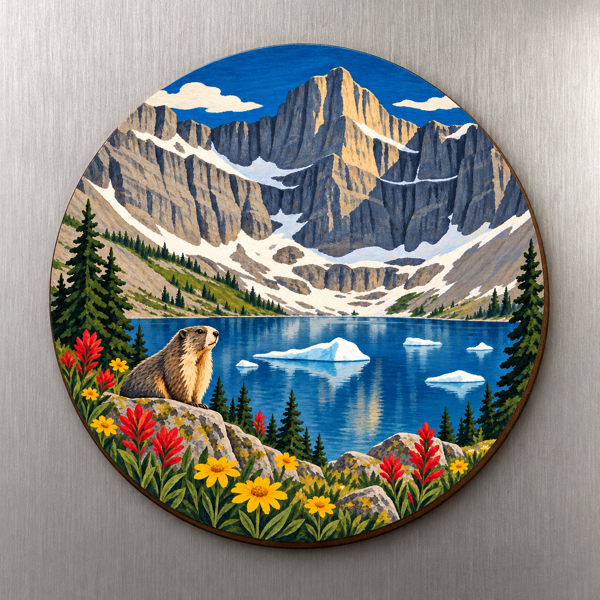 Iceberg Lake M127 wooden magnet on a stainless steel refrigerator with a subtle laser-cut wood edge