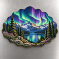 Northern Lights Pines M128 wooden magnet on a stainless steel refrigerator with a subtle laser-cut wood edge