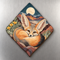 Kit Fox Crescent M129 wooden magnet on a stainless steel refrigerator with a subtle laser-cut wood edge
