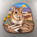 Kangaroo Rat M130 wooden magnet on a stainless steel refrigerator with a subtle laser-cut wood edge