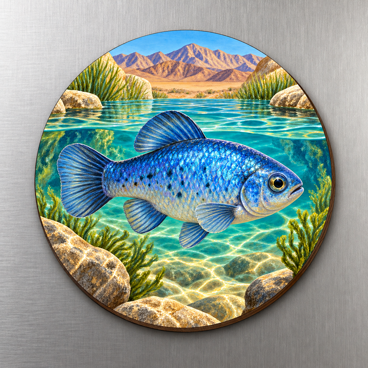 Pupfish Pool M131 wooden magnet on a stainless steel refrigerator with a subtle laser-cut wood edge