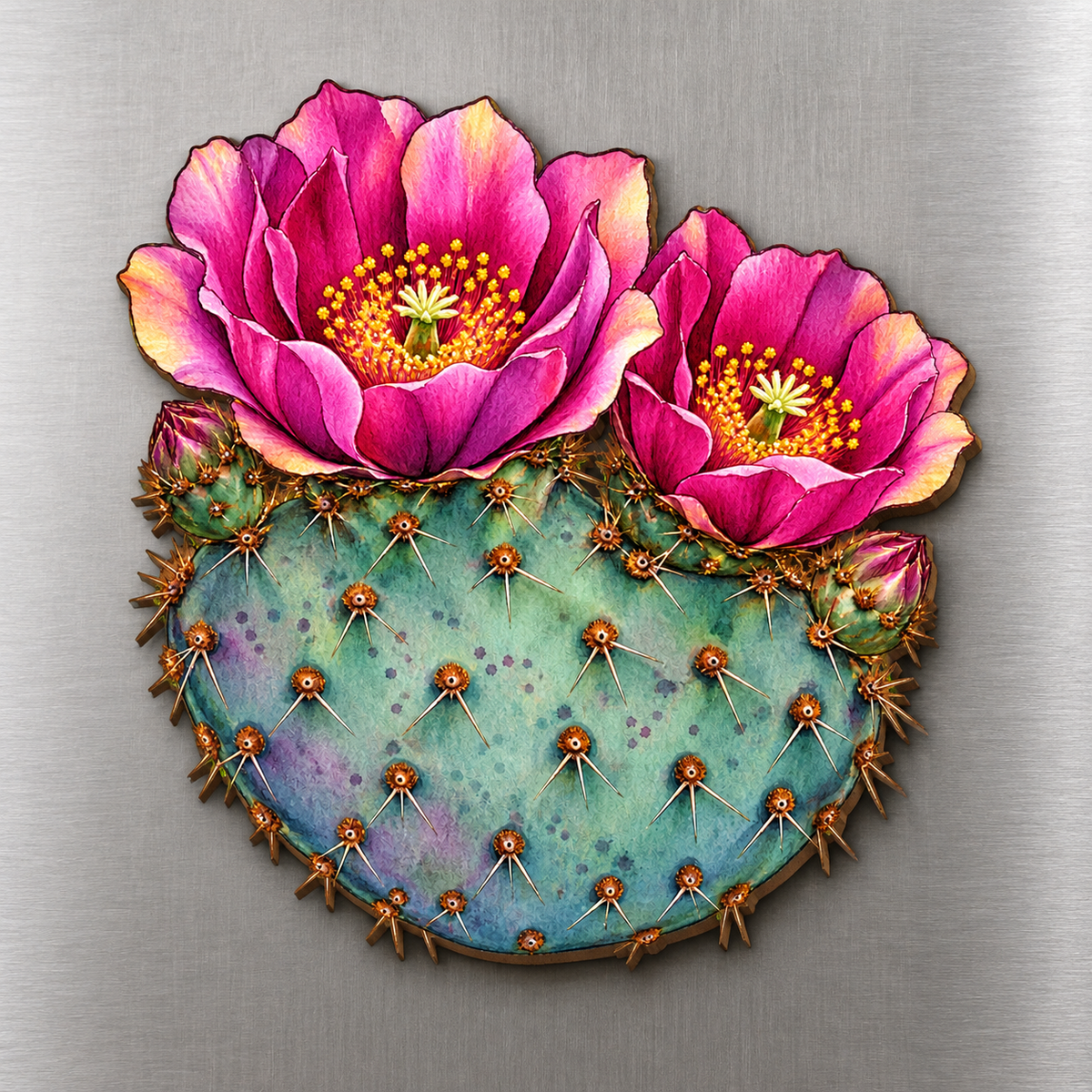 Beavertail Bloom M132 wooden magnet on a stainless steel refrigerator with a subtle laser-cut wood edge