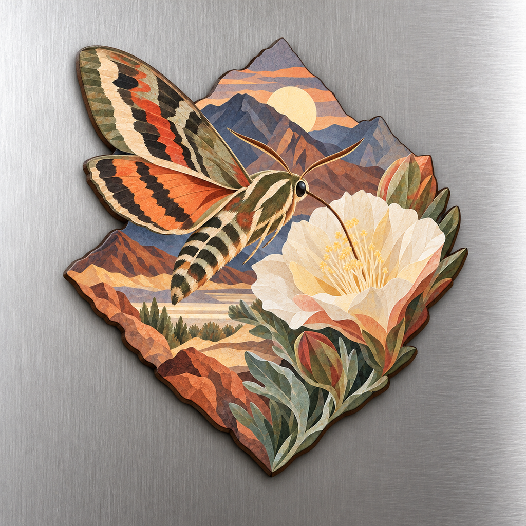 Desert Sphinx Moth M133 wooden magnet on a stainless steel refrigerator with a subtle laser-cut wood edge