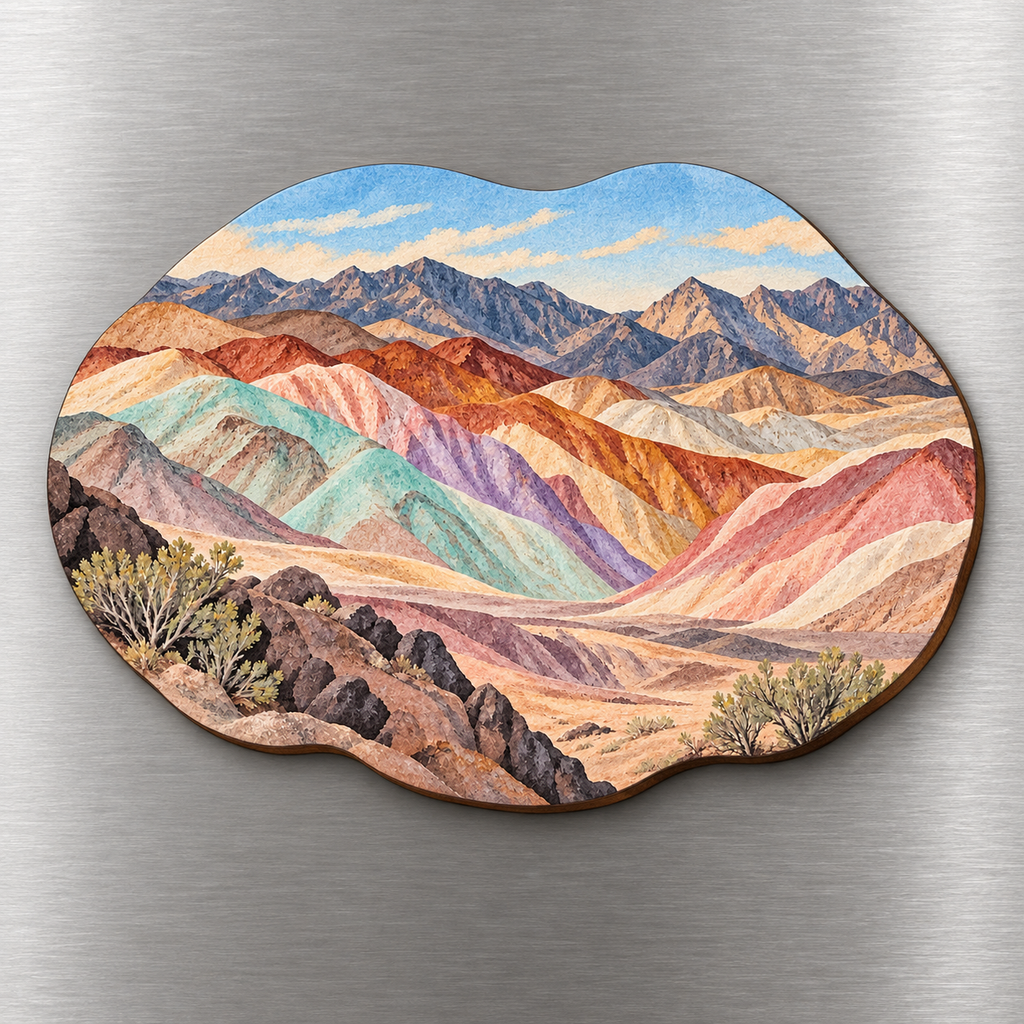 Artists Palette M134 wooden magnet on a stainless steel refrigerator with a subtle laser-cut wood edge