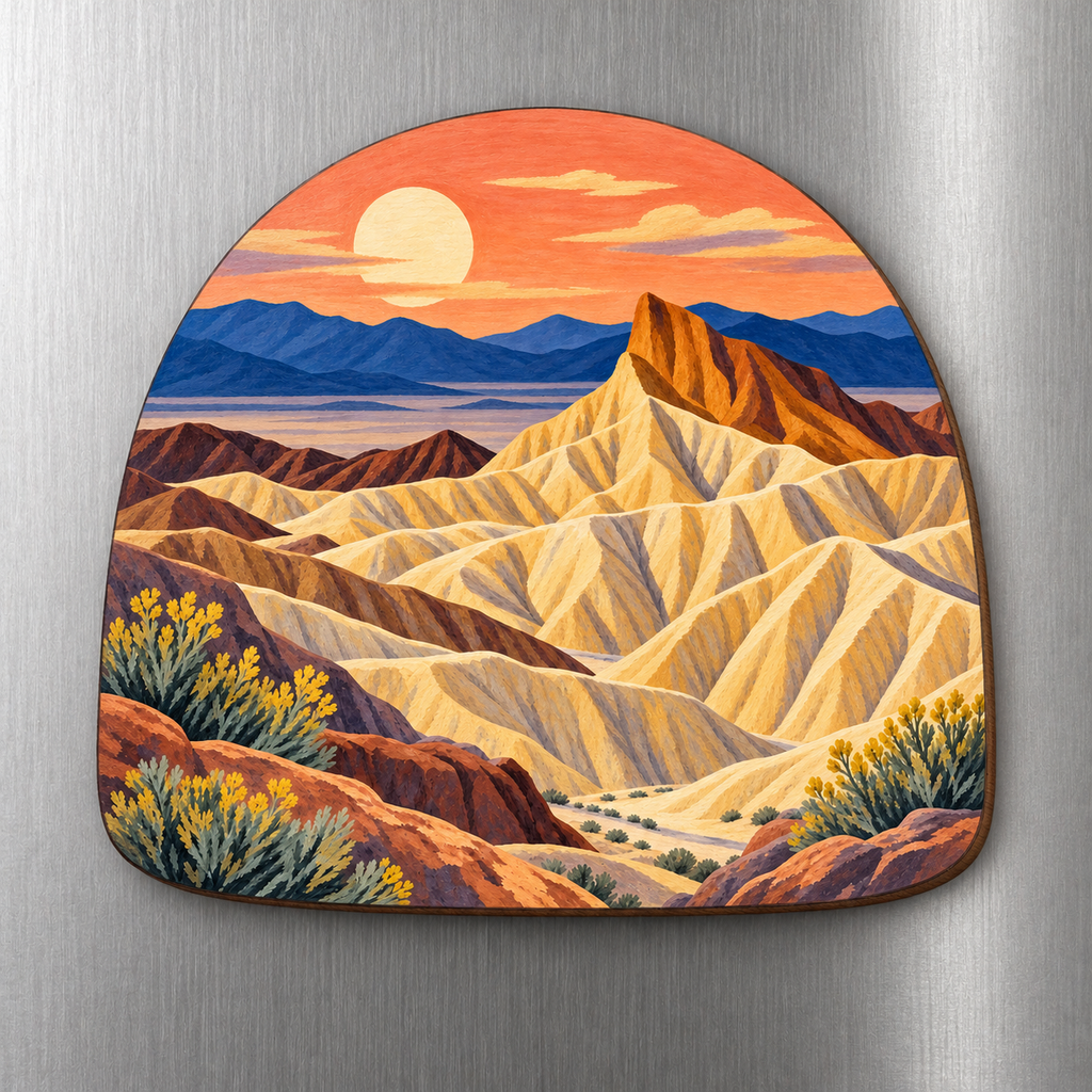 Zabriskie Folds M135 wooden magnet on a stainless steel refrigerator with a subtle laser-cut wood edge