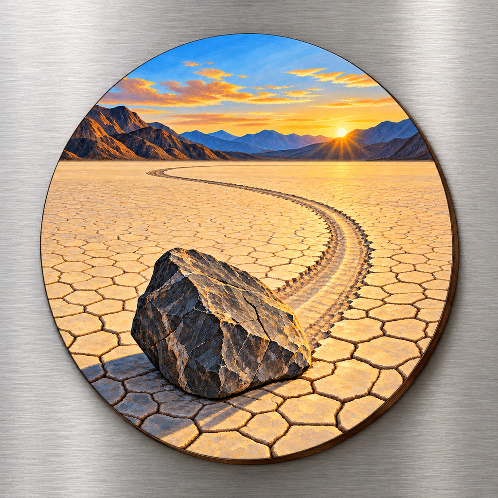 Sailing Stone M136 wooden magnet on a stainless steel refrigerator with a subtle laser-cut wood edge