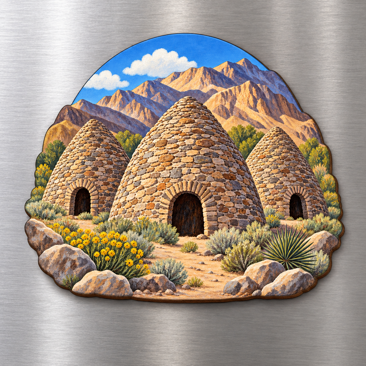 Charcoal Kilns M138 wooden magnet on a stainless steel refrigerator with a subtle laser-cut wood edge
