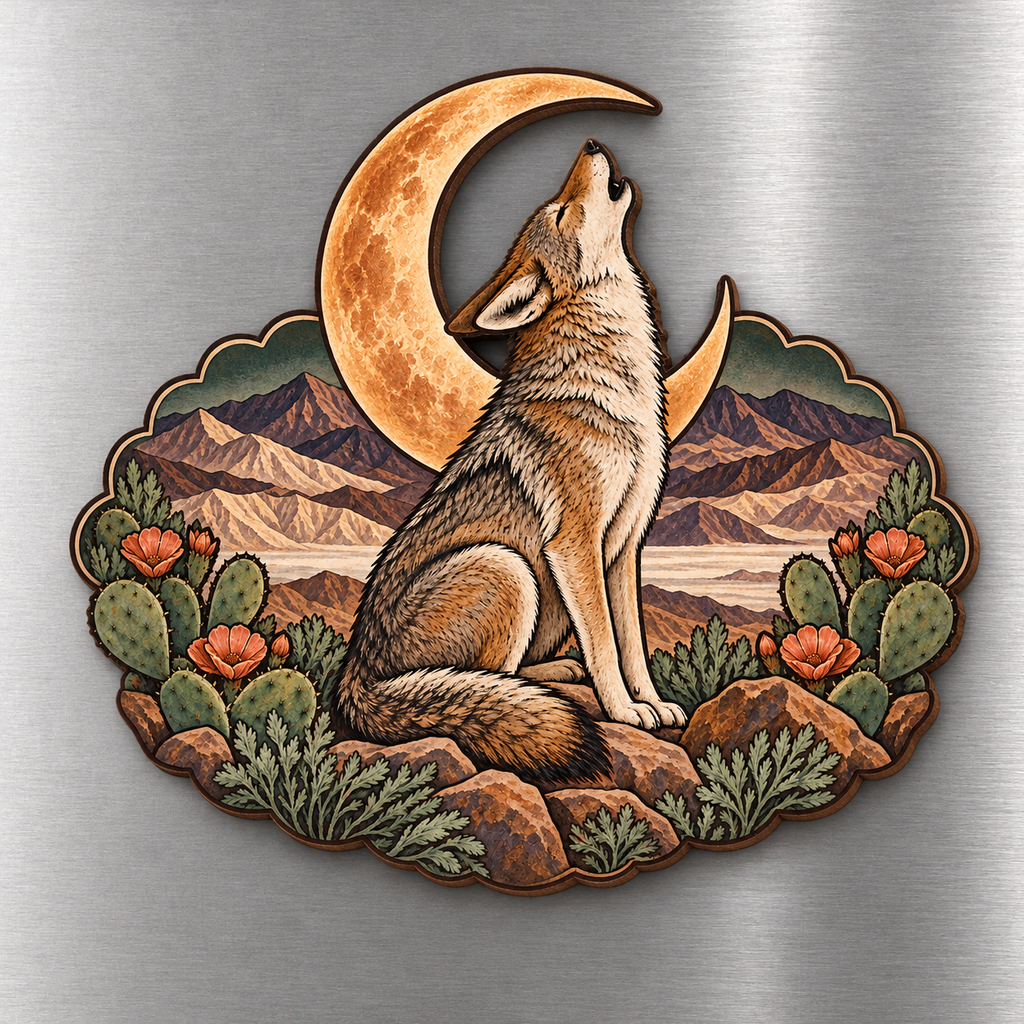 Desert Coyote Moon M139 wooden magnet on a stainless steel refrigerator with a subtle laser-cut wood edge