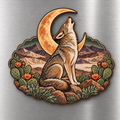 Desert Coyote Moon M139 wooden magnet on a stainless steel refrigerator with a subtle laser-cut wood edge