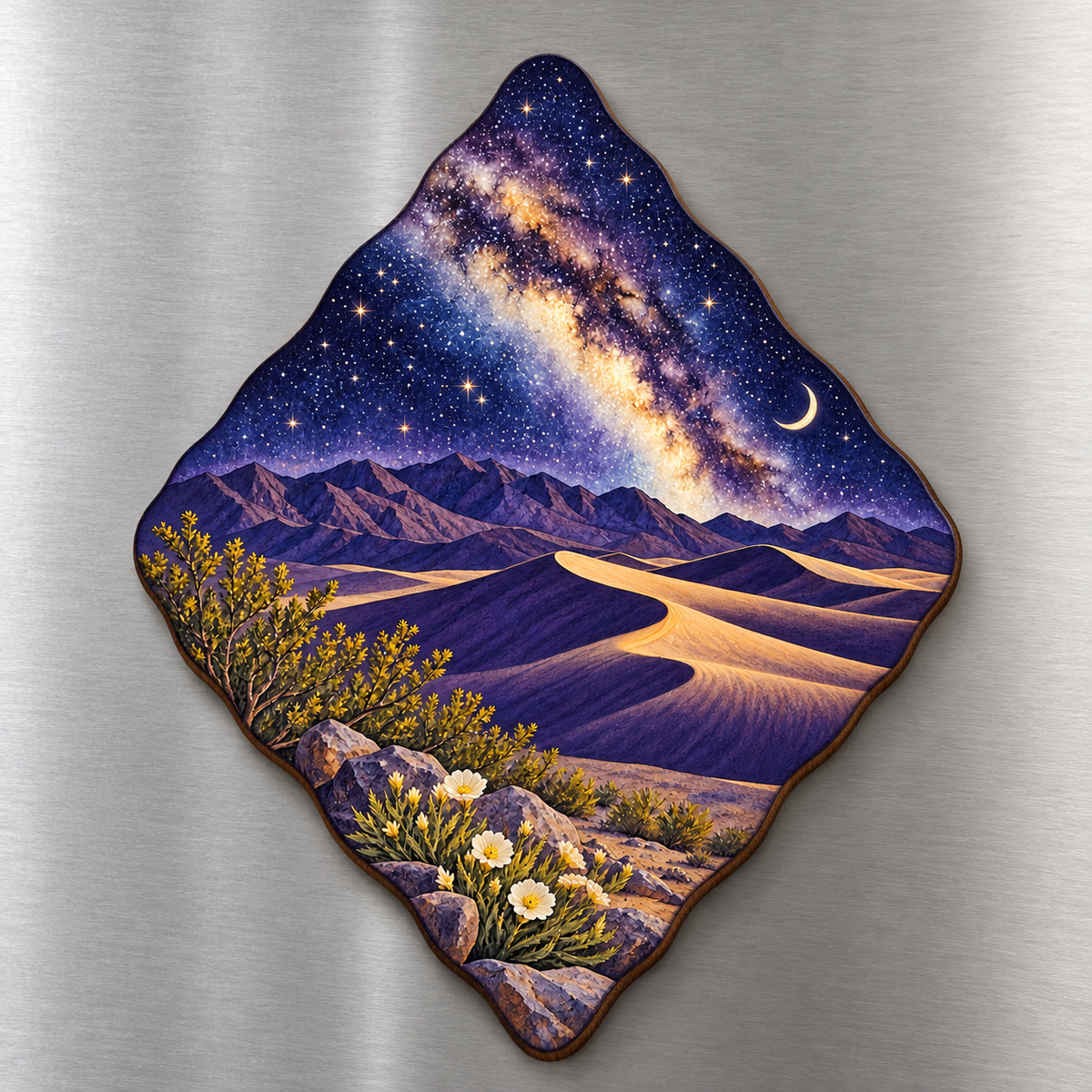 Milky Way Dunes M140 wooden magnet on a stainless steel refrigerator with a subtle laser-cut wood edge