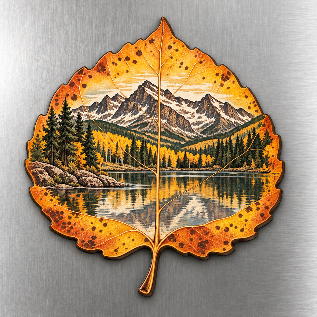 Aspen Leaf Autumn M141 wooden magnet on a stainless steel refrigerator with a subtle laser-cut wood edge