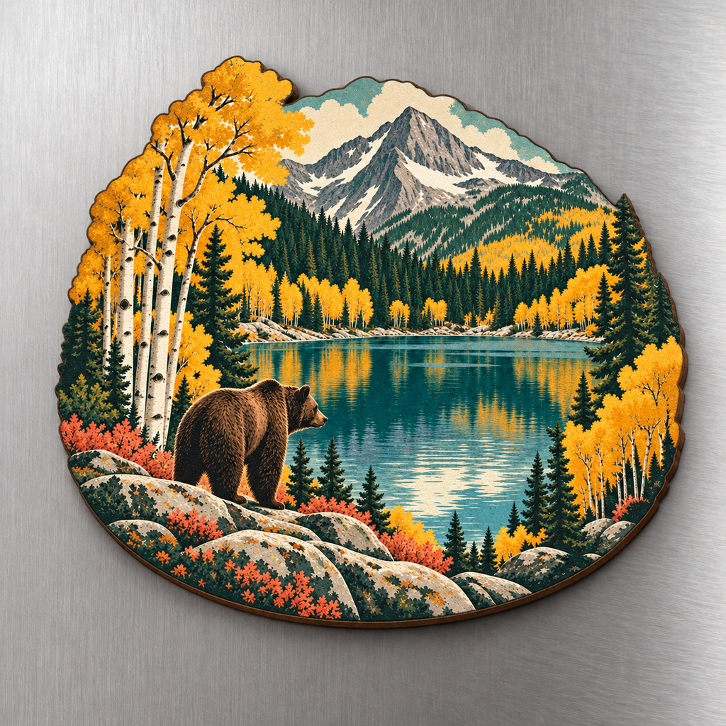 Bear Lake Autumn M142 wooden magnet on a stainless steel refrigerator with a subtle laser-cut wood edge