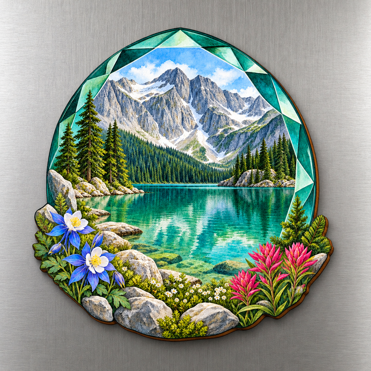 Emerald Lake Jewel M143 wooden magnet on a stainless steel refrigerator with a subtle laser-cut wood edge