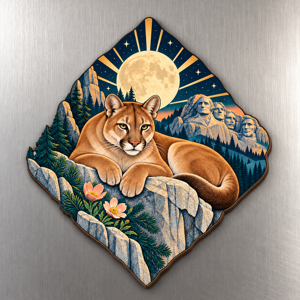 Mountain Lion Moon M144 wooden magnet on a stainless steel refrigerator with a subtle laser-cut wood edge