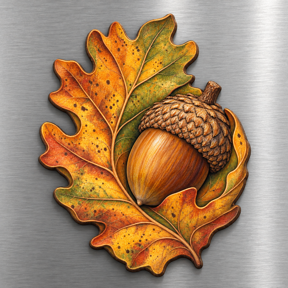 Bur Oak and Acorn M145 wooden magnet on a stainless steel refrigerator with a subtle laser-cut wood edge