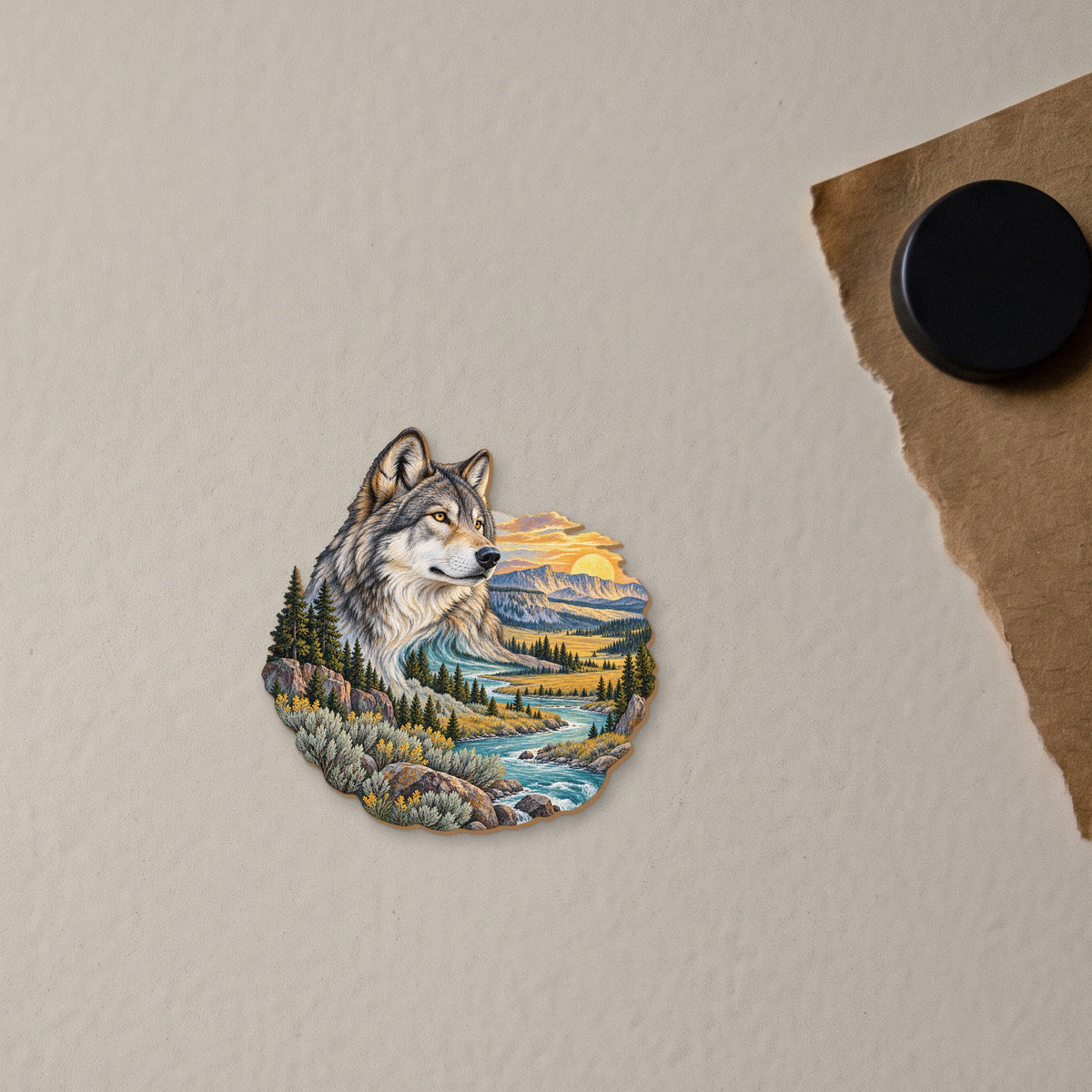 Wolf at the River Bend wood magnet M146 on a fridge, made in USA