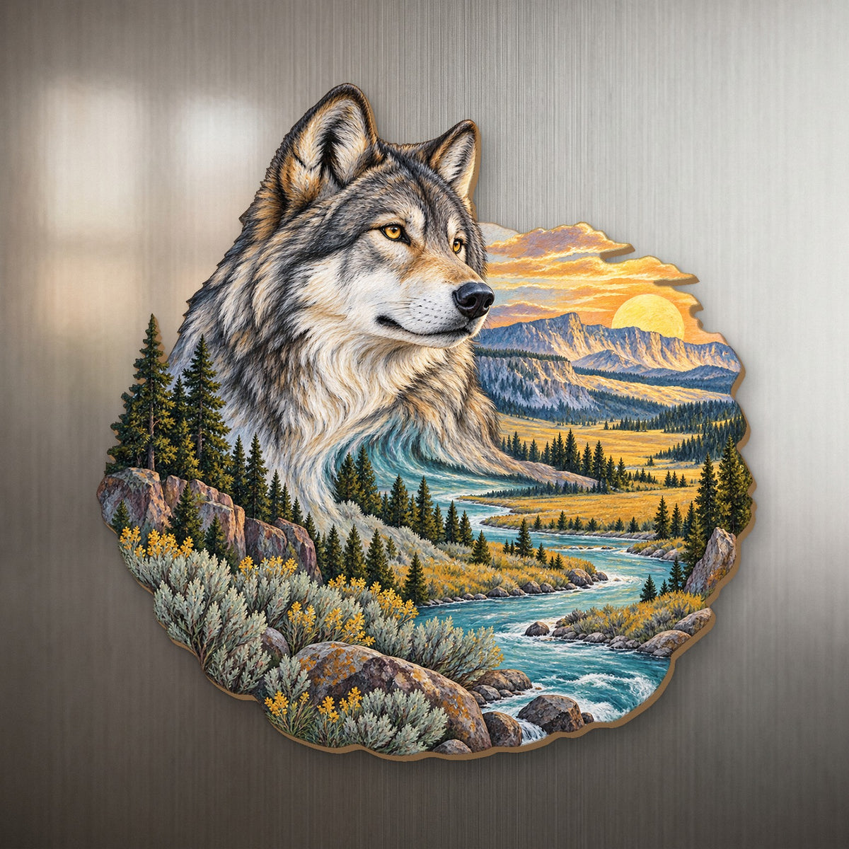Wolf at the River Bend wood magnet M146 on a stainless steel fridge, made in USA
