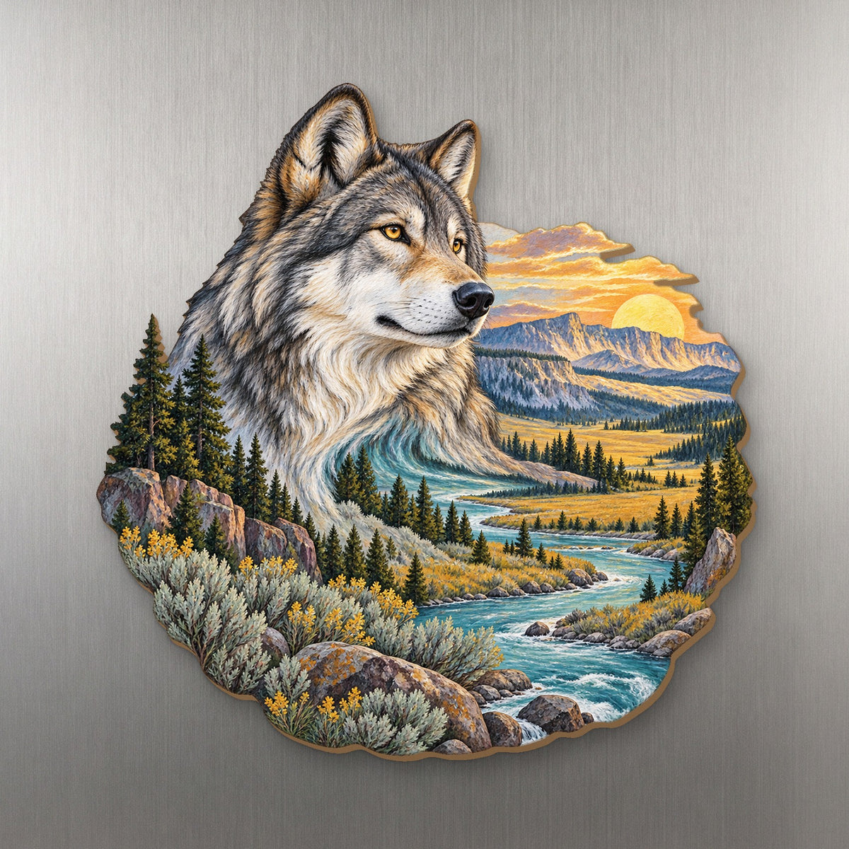 Wolf at the River Bend wood magnet M146 on a stainless steel fridge, made in USA